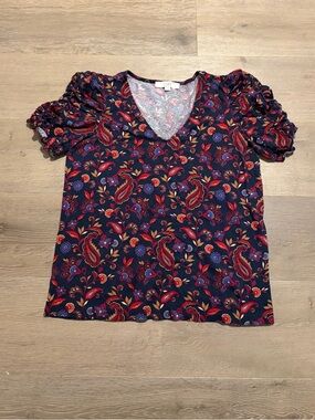 LOFT Navy Paisley V-Neck Puff Sleeve Top with Red & Blue Accents